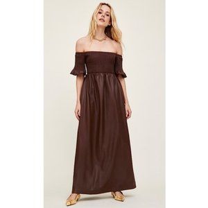 NWT Staud Mae Faux Leather Smocked Off Shoulder Maxi Dress in Bark